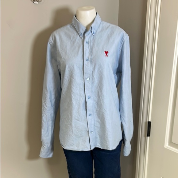 AMI Paris BUTTON DOWN AMI DE COEUR SHIRT Light Blue Unisex Sz 38 US 6 NEW - Picture 4 of 16